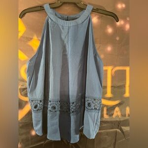Chic Blue Sleeveless Blouse with Lace Accents